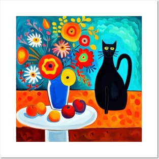 Still Life Painting with Black Cat and Flowers in a Blue Vase Posters and Art